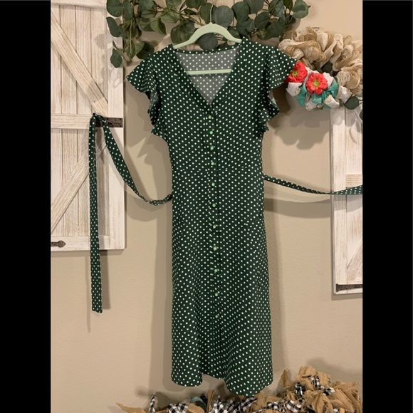 Green Polka Dot | Swing Midi Dress with Pockets and Tie Waist | Size S - Picture 4 of 8